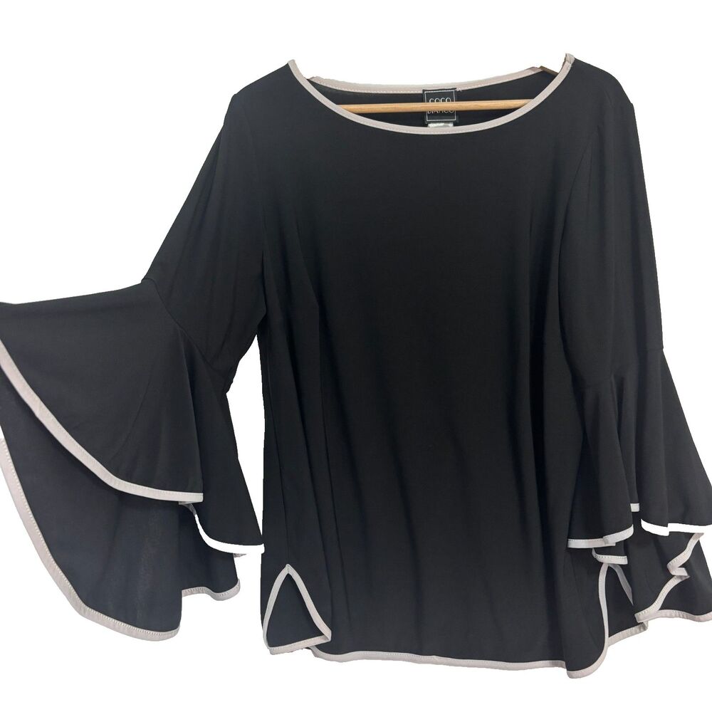VTG Coco Bianco Bell Sleeve Top Black Sz.‎ L Retro 70's Chic Boho Minimalist